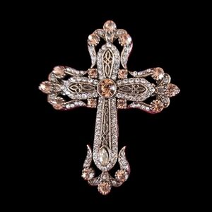 Elegant Silver and Gold Cross Rhinestone Brooch